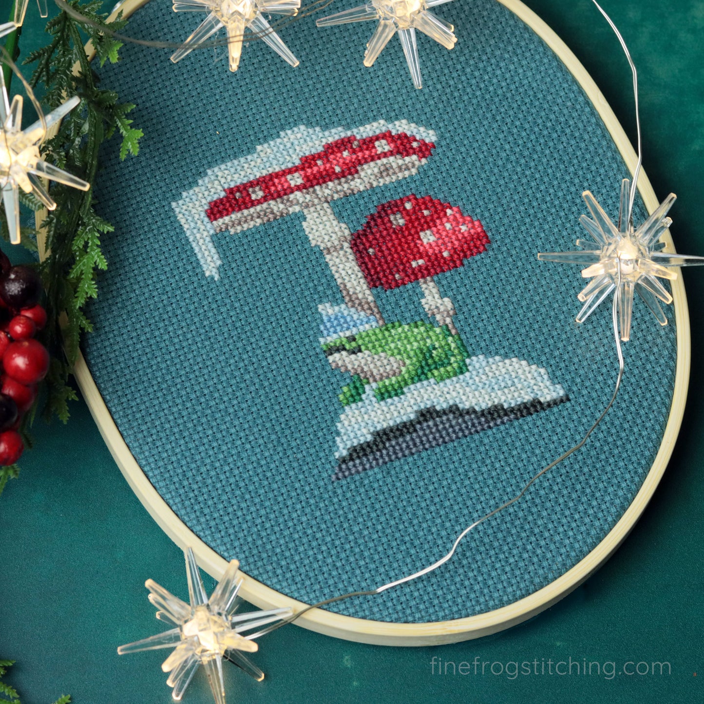 Winter Toadstool Frog - Snowy Mushroom Frog Cross Stitch Pattern PDF