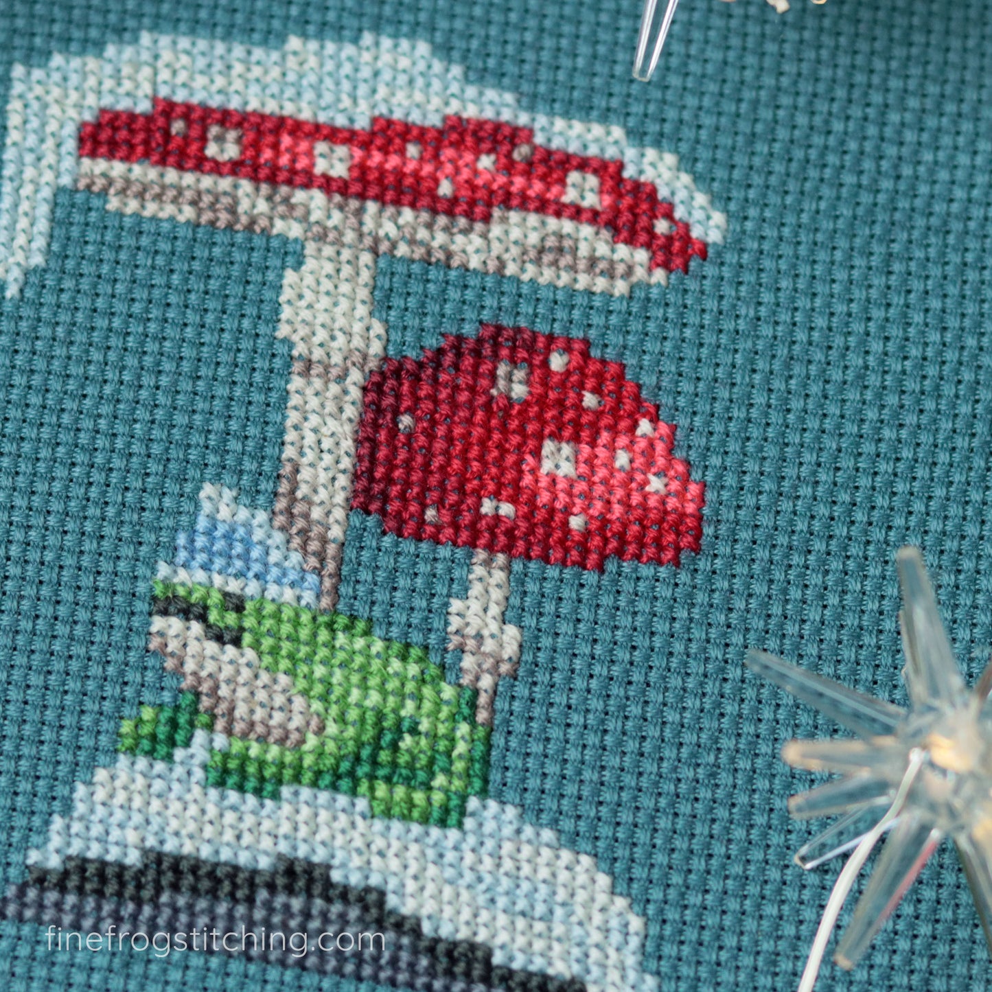 Winter Toadstool Frog - Snowy Mushroom Frog Cross Stitch Pattern PDF