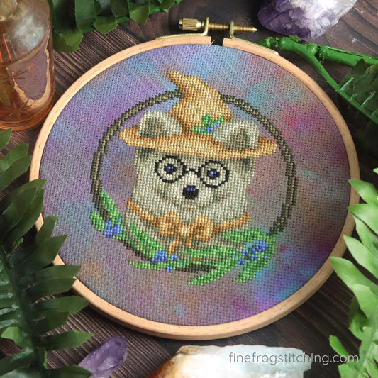 Forest Animal Witch Cottagecore Cross Stitch Pattern PDF Woodland Ferret Magical Sable Witch Stitched Example