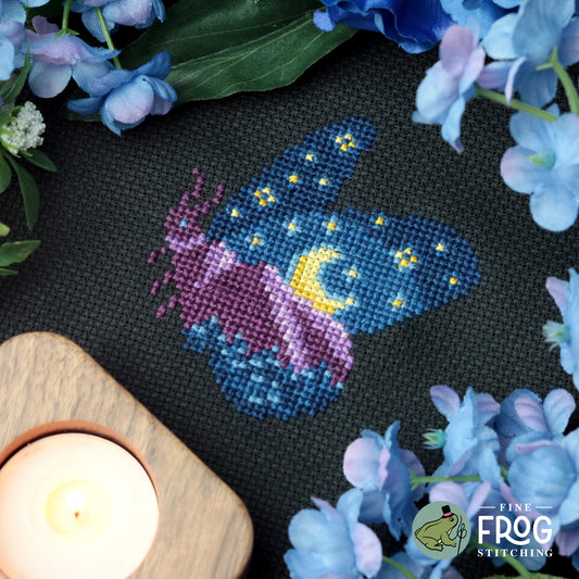 Nature Mountain Moth Cross Stitch Pattern PDF Moon Camping Celestial Hiking Mountain Moonrise Moth Stitched Example