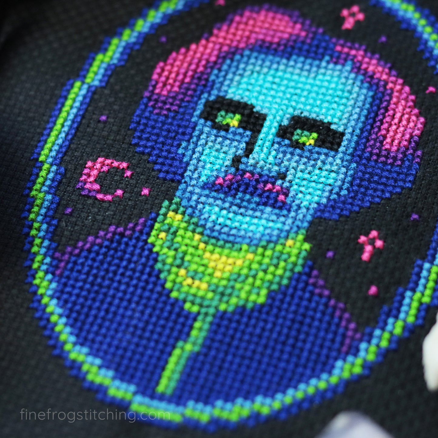 Neon Gothic Edgar Allan Poe Cross Stitch Pattern PDF Dark Book Library Edgar Allan Glow Stitched Detail 2