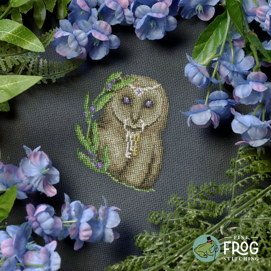 Owl Fairytale Fantasy Cross Stitch Pattern PDF Woodland Cottagecore Fairytale Owl Key Keeper Stitched Example