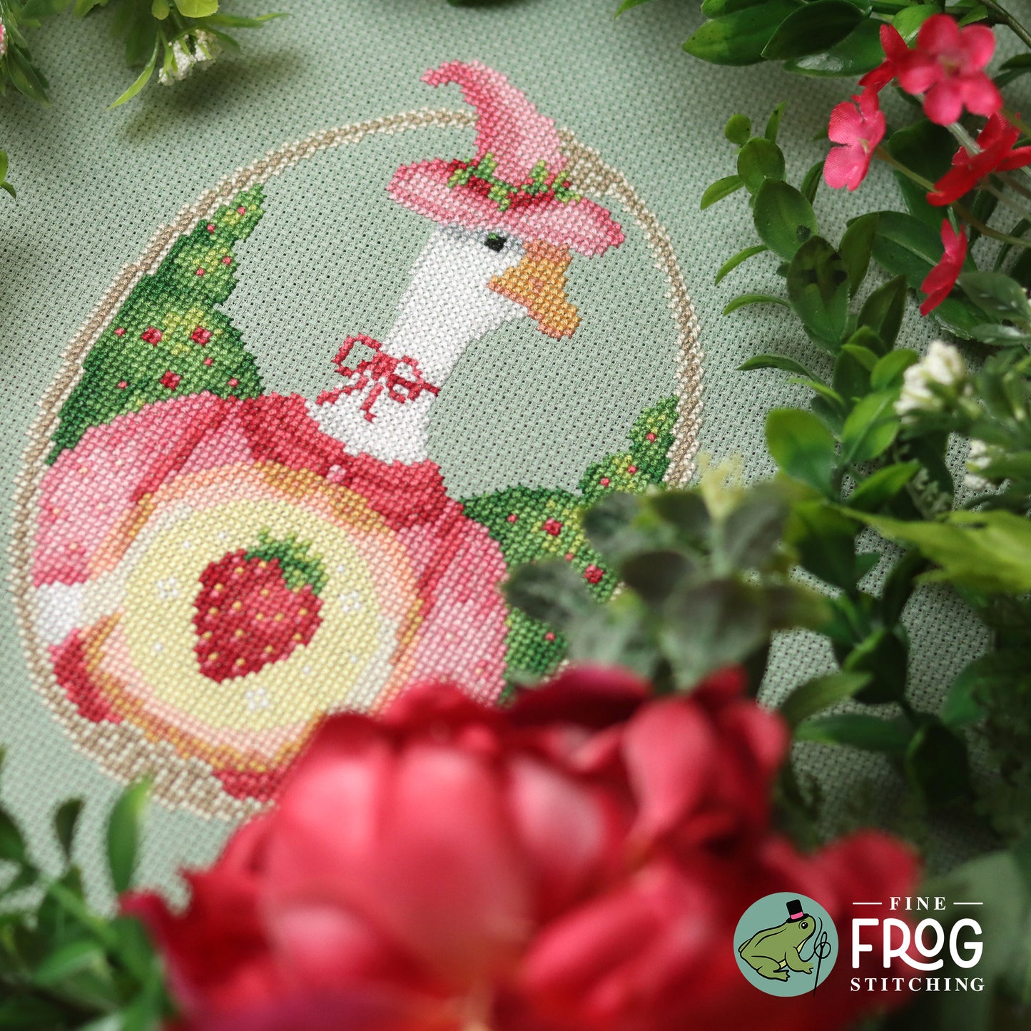 Summer Strawberry Goose Cross Stitch Pattern PDF Cottagecore Pastel Goth Strawberry Goose Witch Stitched Detail 1