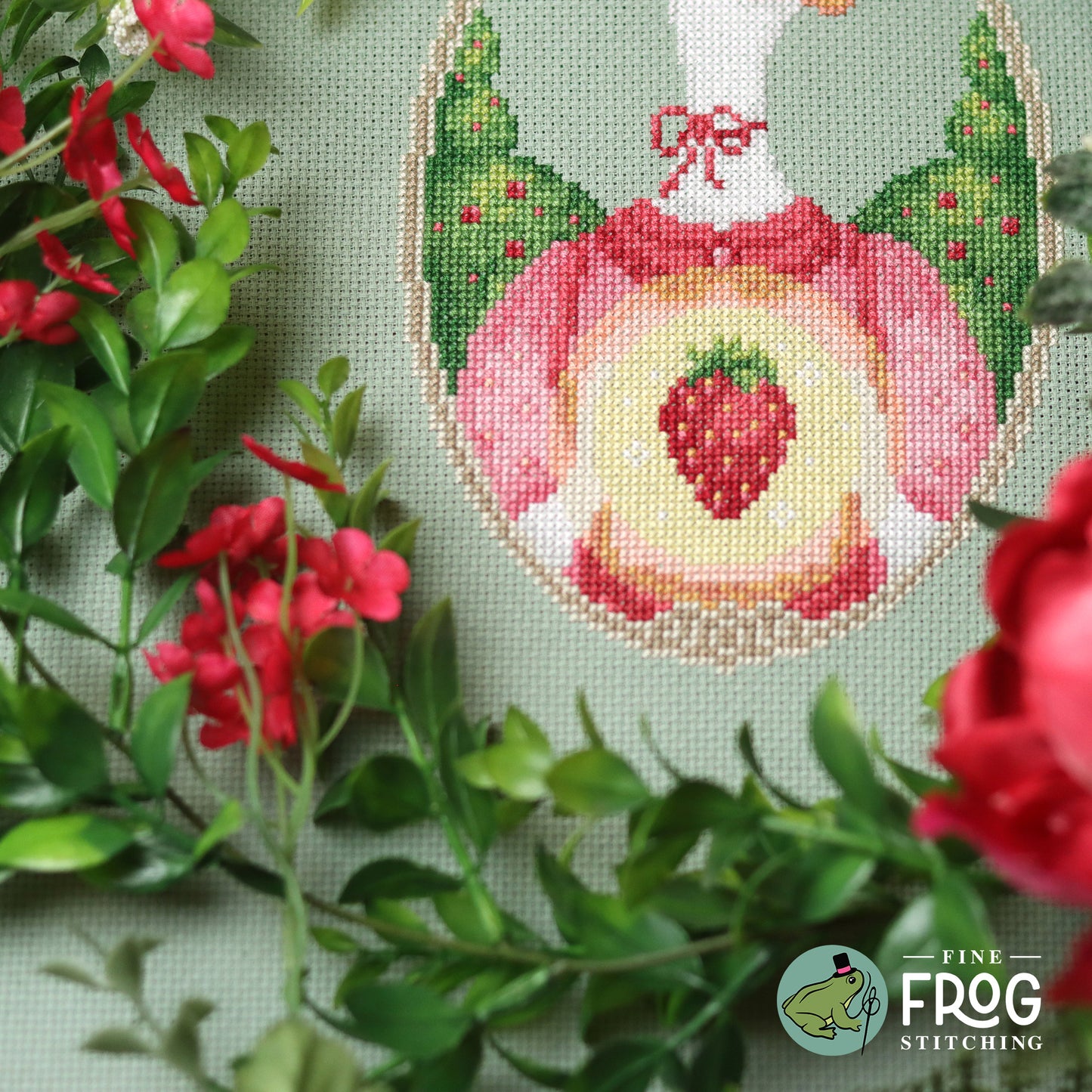 Summer Strawberry Goose Cross Stitch Pattern PDF Cottagecore Pastel Goth Strawberry Goose Witch Stitched Detail 2