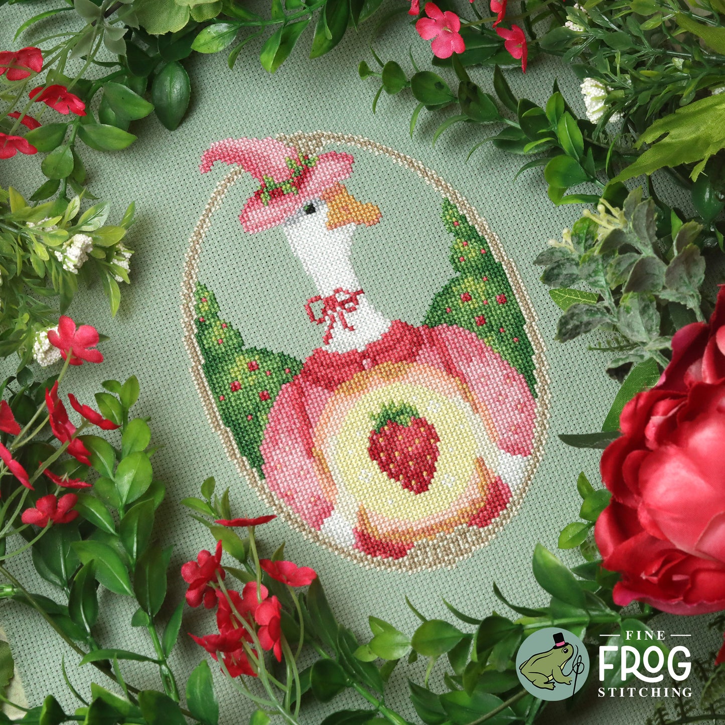 Summer Strawberry Goose Cross Stitch Pattern PDF Cottagecore Pastel Goth Strawberry Goose Witch Stitched Example