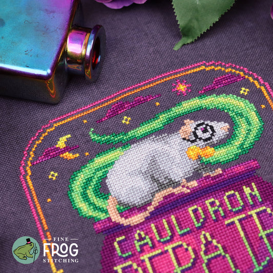 Witchy Halloween Cauldron Rat Cross Stitch Pattern PDF Potion Magical Mouse Cauldron Repair Stitched Detail 1