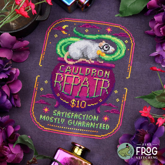 Witchy Halloween Cauldron Rat Cross Stitch Pattern PDF Potion Magical Mouse Cauldron Repair Stitched Example