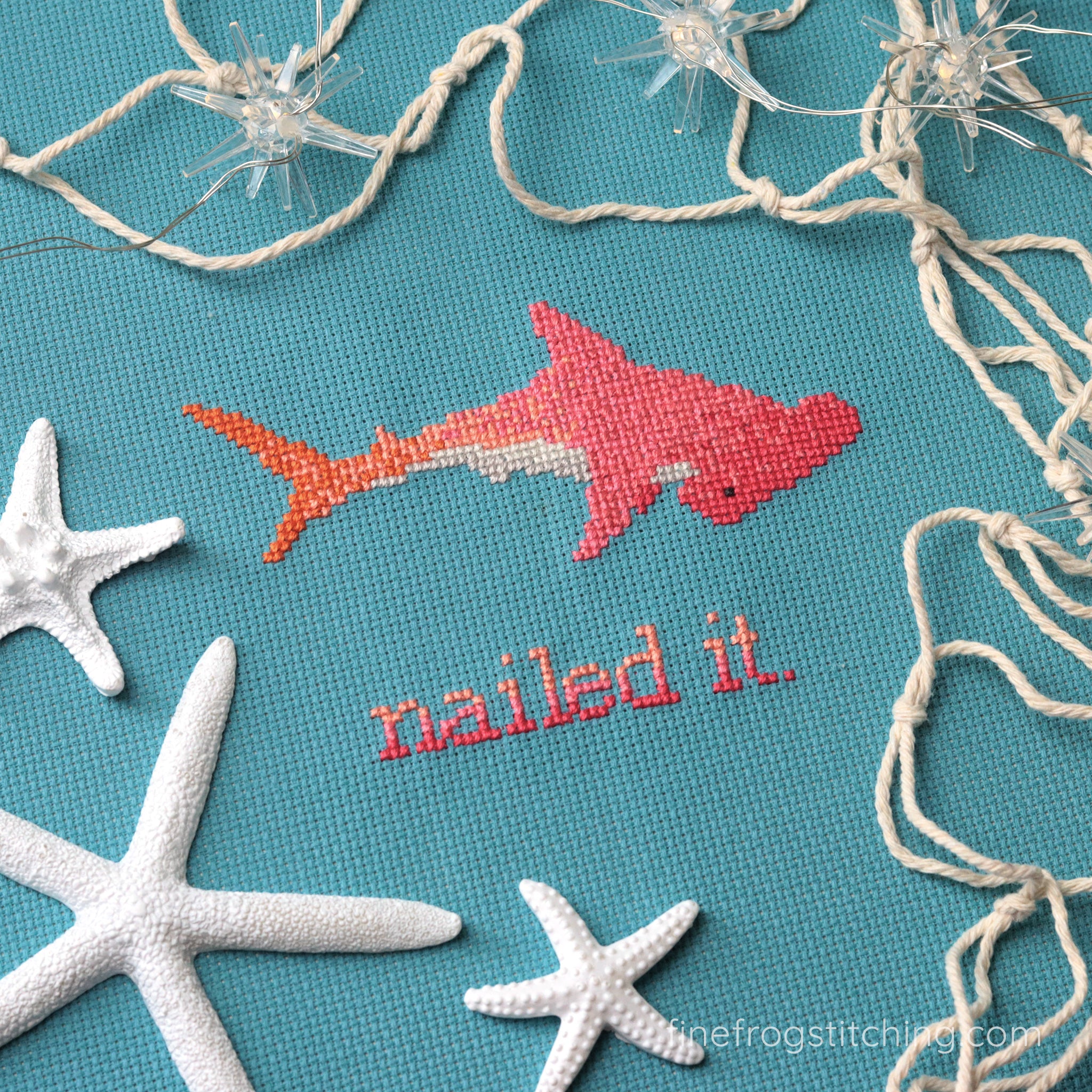 Funny Shark Cross Stitch Pattern PDF Snarky Ocean Whale Hammerhead Shark Nailed It Stitched Example