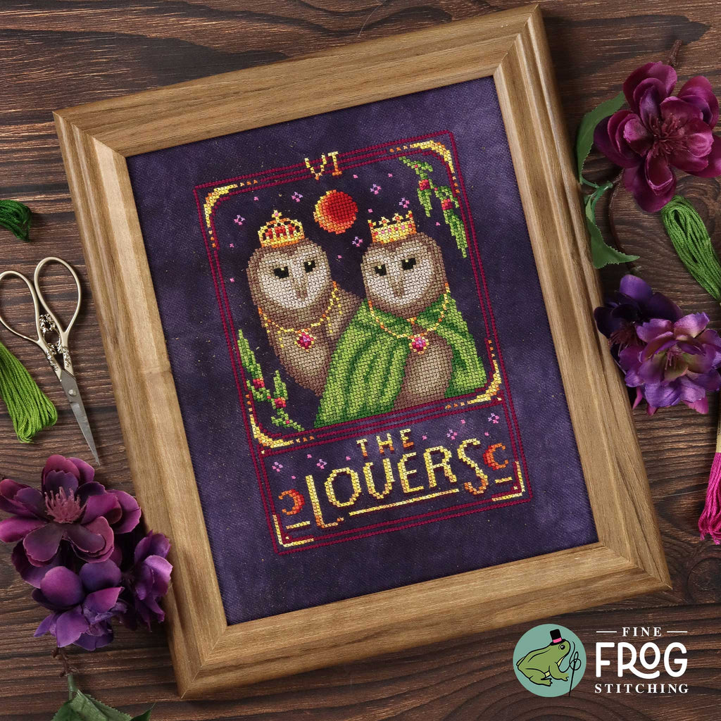 Barn Owl Tarot Card Cross Stitch Pattern PDF Witchy The Lovers Celestial Feather Tarot The Lovers Stitched Example