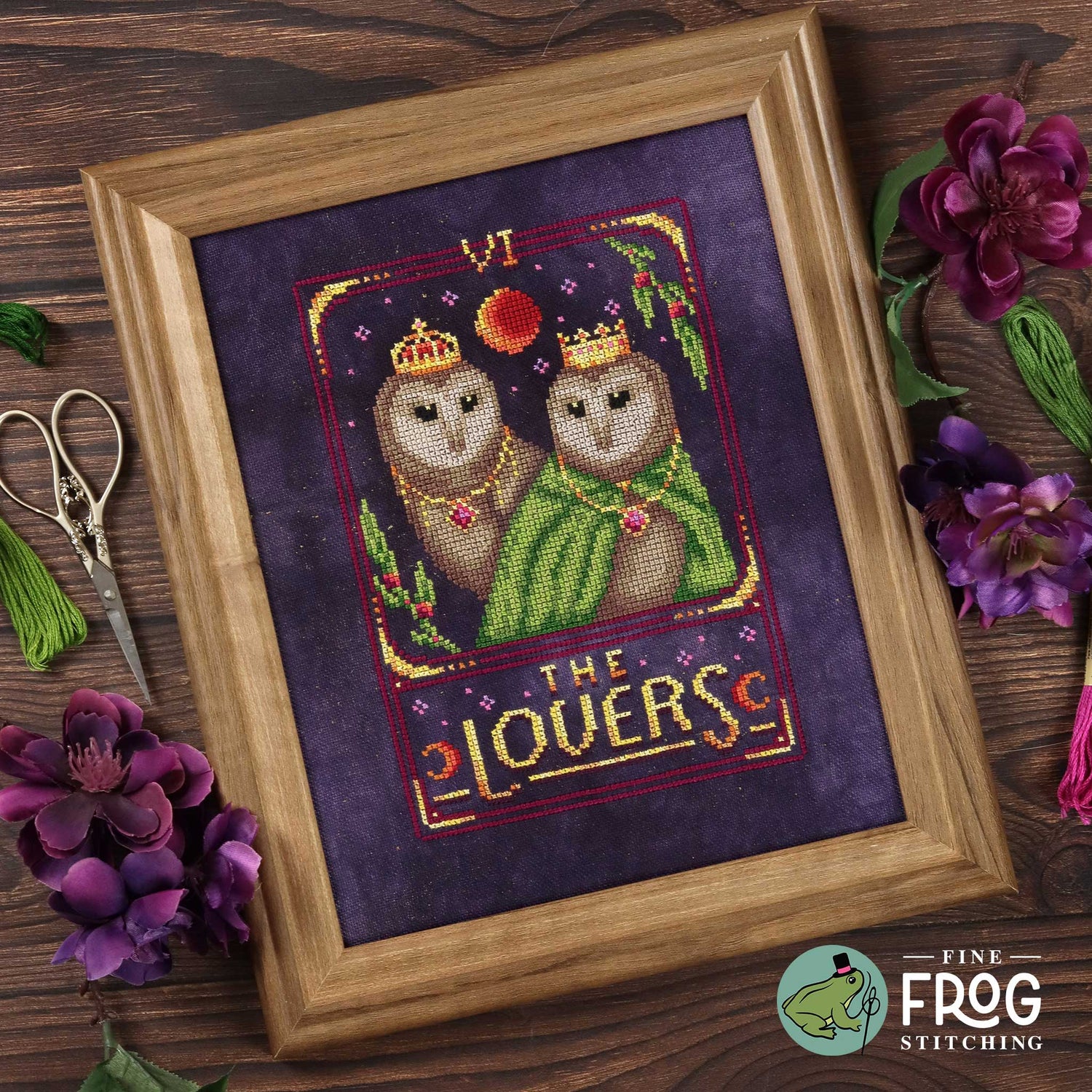 Barn Owl Tarot Card Cross Stitch Pattern PDF Witchy The Lovers Celestial Feather Tarot The Lovers Stitched Example