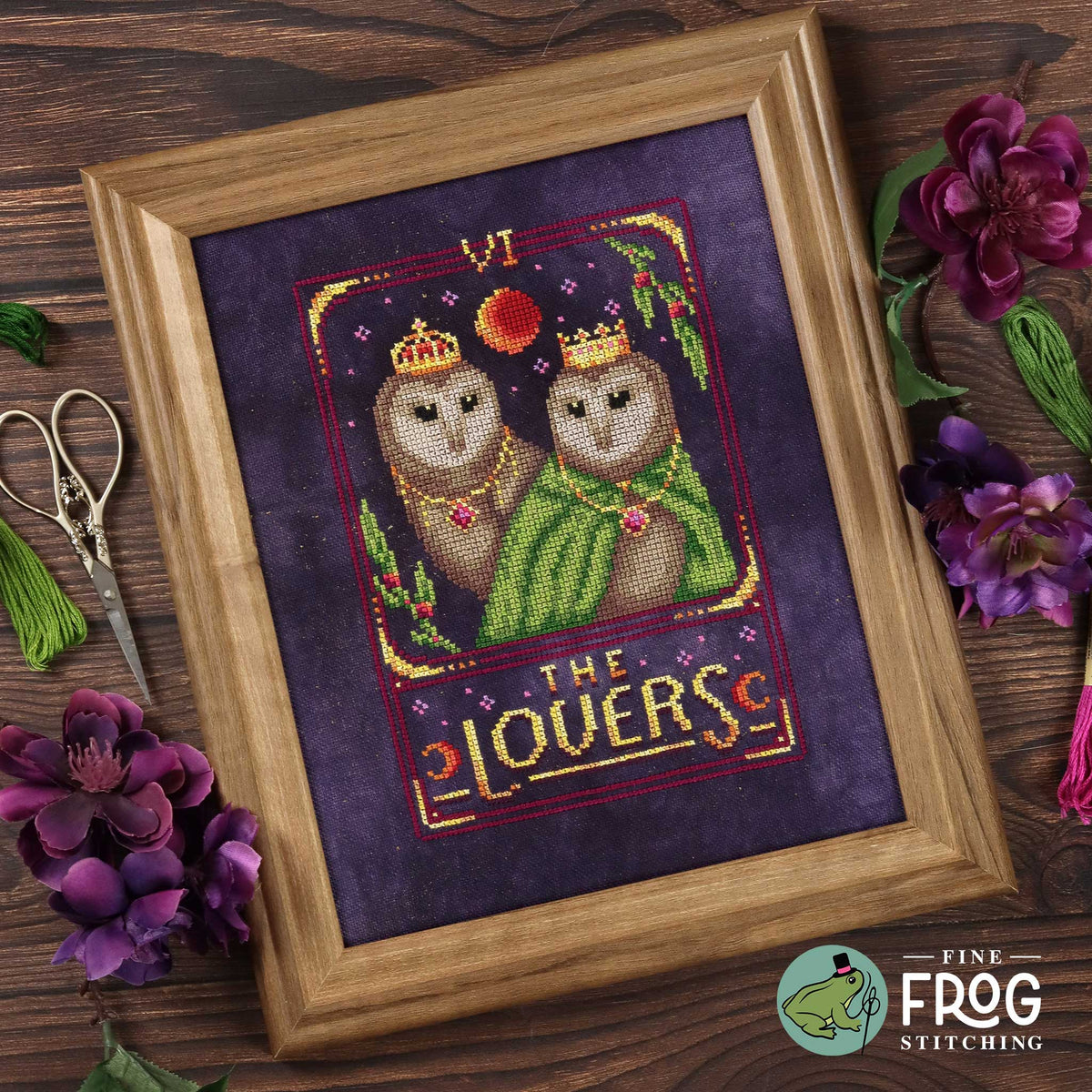 Barn Owl Tarot Card Cross Stitch Pattern PDF Witchy The Lovers Celestial Feather Tarot The Lovers Stitched Example