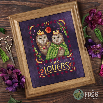 Barn Owl Tarot Card Cross Stitch Pattern PDF Witchy The Lovers Celestial Feather Tarot The Lovers Stitched Example
