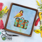 Cute Bird Travel Cross Stitch Pattern PDF Summer Spring Goldfinch Bird Globetrotter Stitched Example