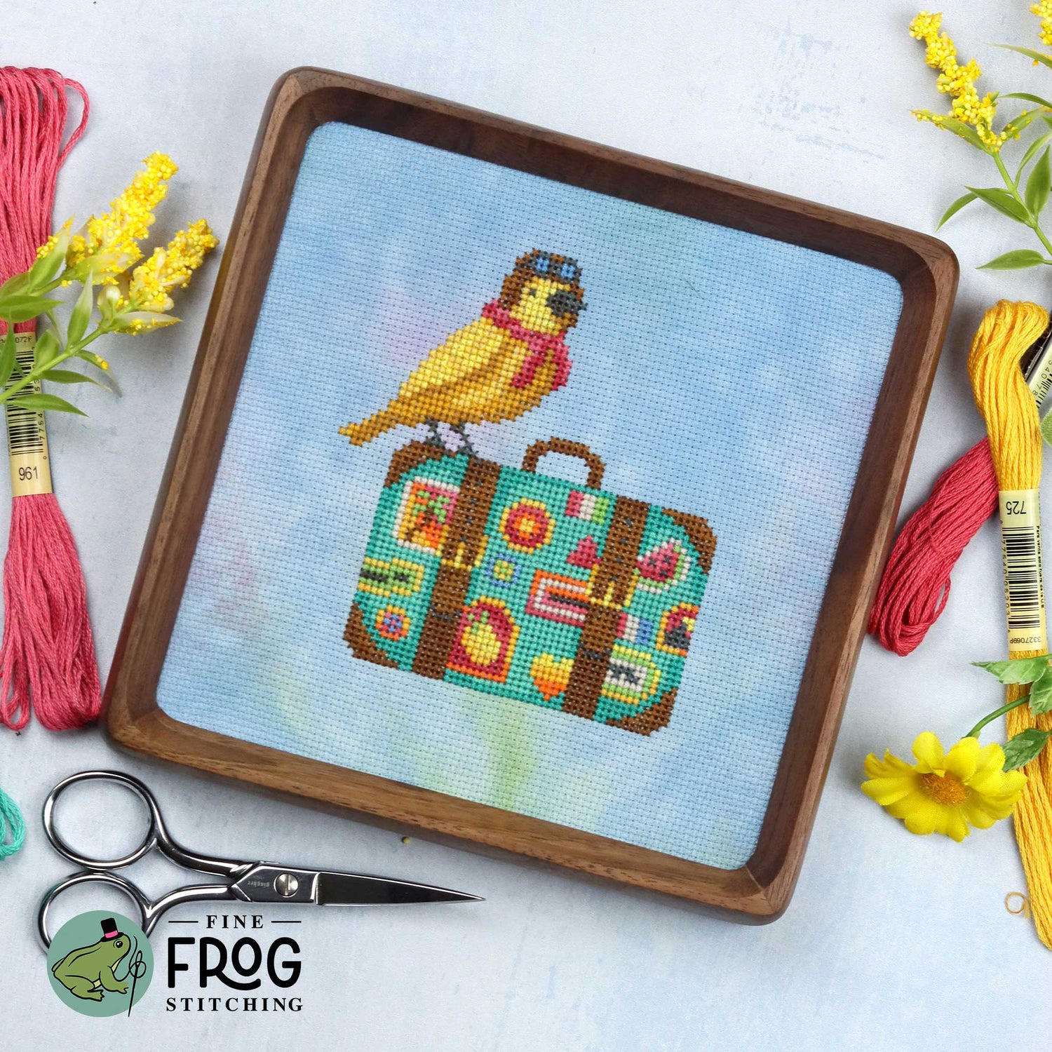 Cute Bird Travel Cross Stitch Pattern PDF Summer Spring Goldfinch Bird Globetrotter Stitched Example