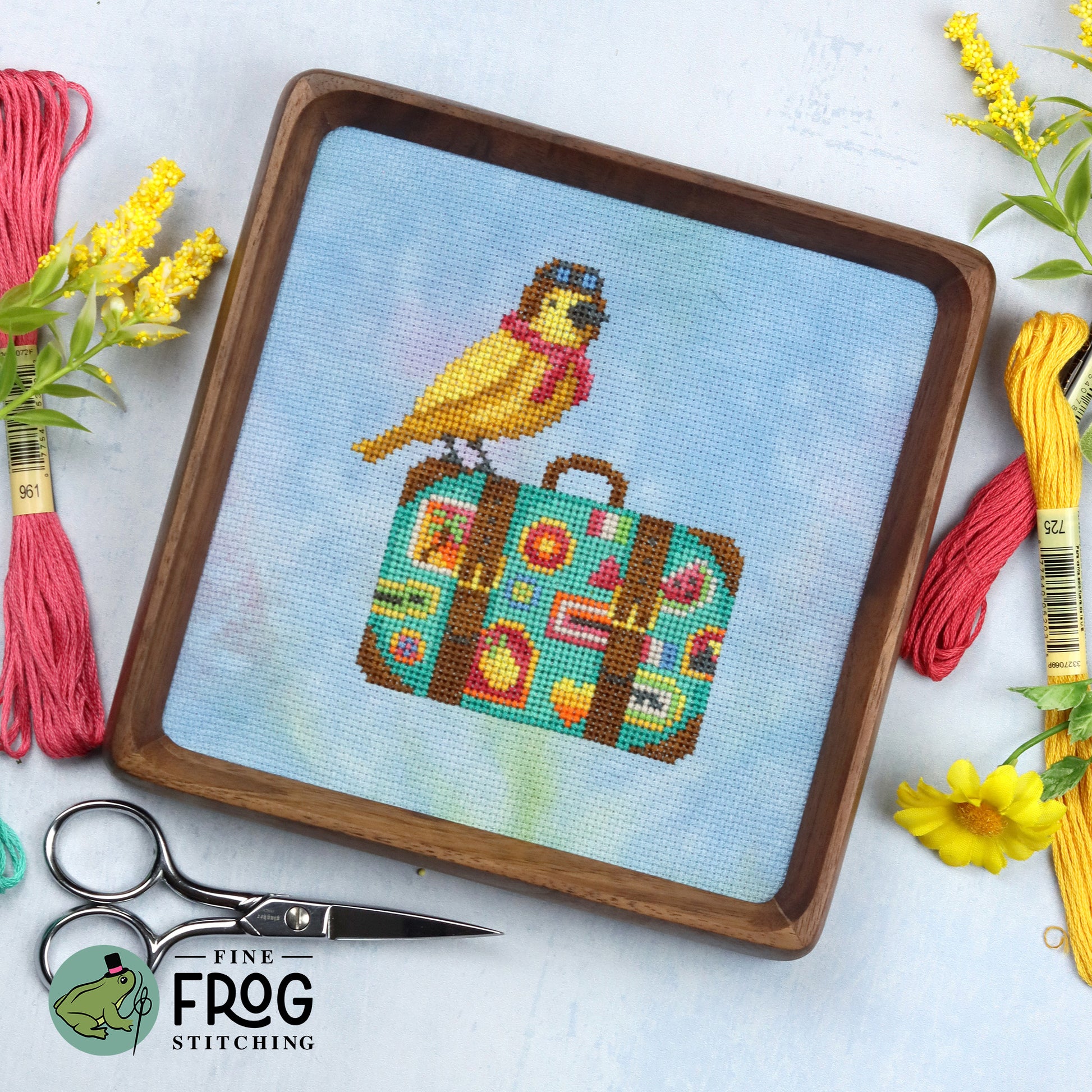 Cute Bird Travel Cross Stitch Pattern PDF Summer Spring Goldfinch Bird Globetrotter Stitched Example