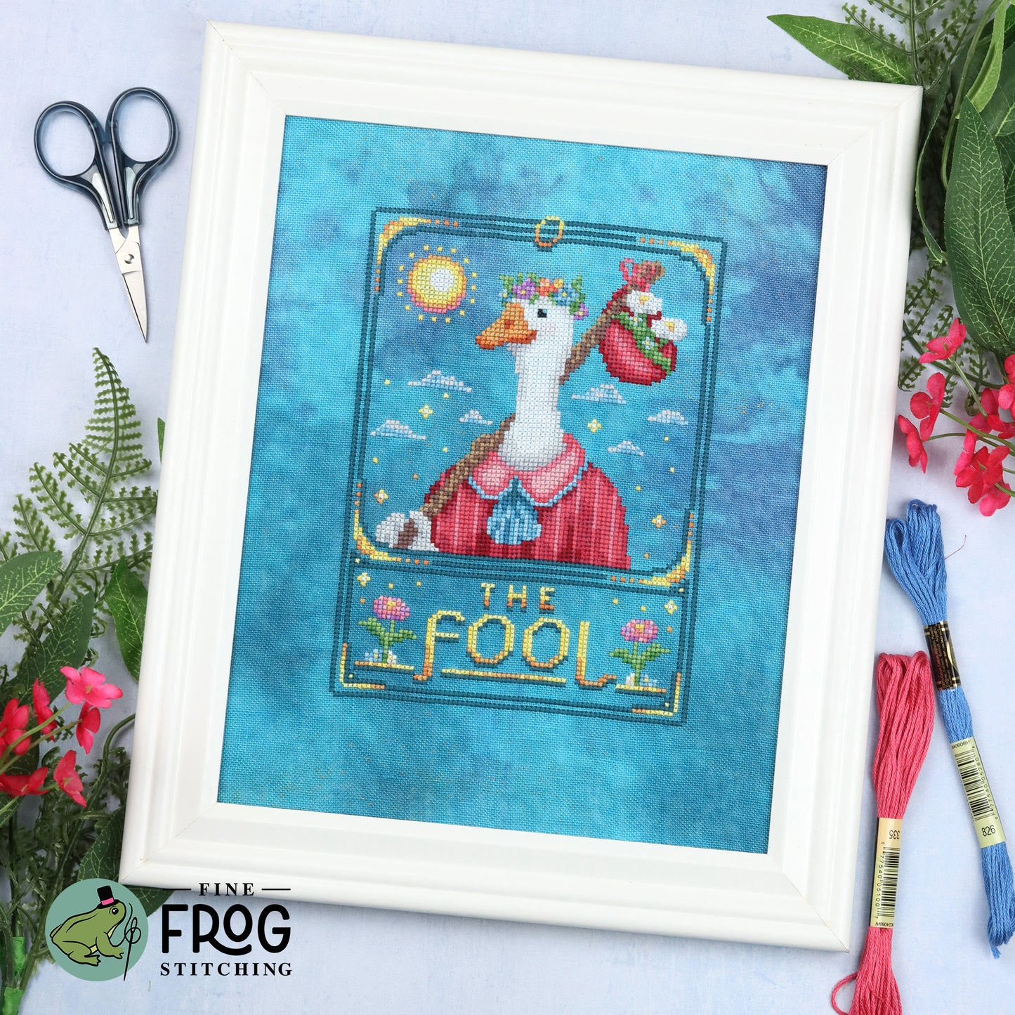 Goose Tarot Card Cross Stitch Pattern PDF Witchy The Fool Cottagecore Feather Tarot The Fool Stitched Example