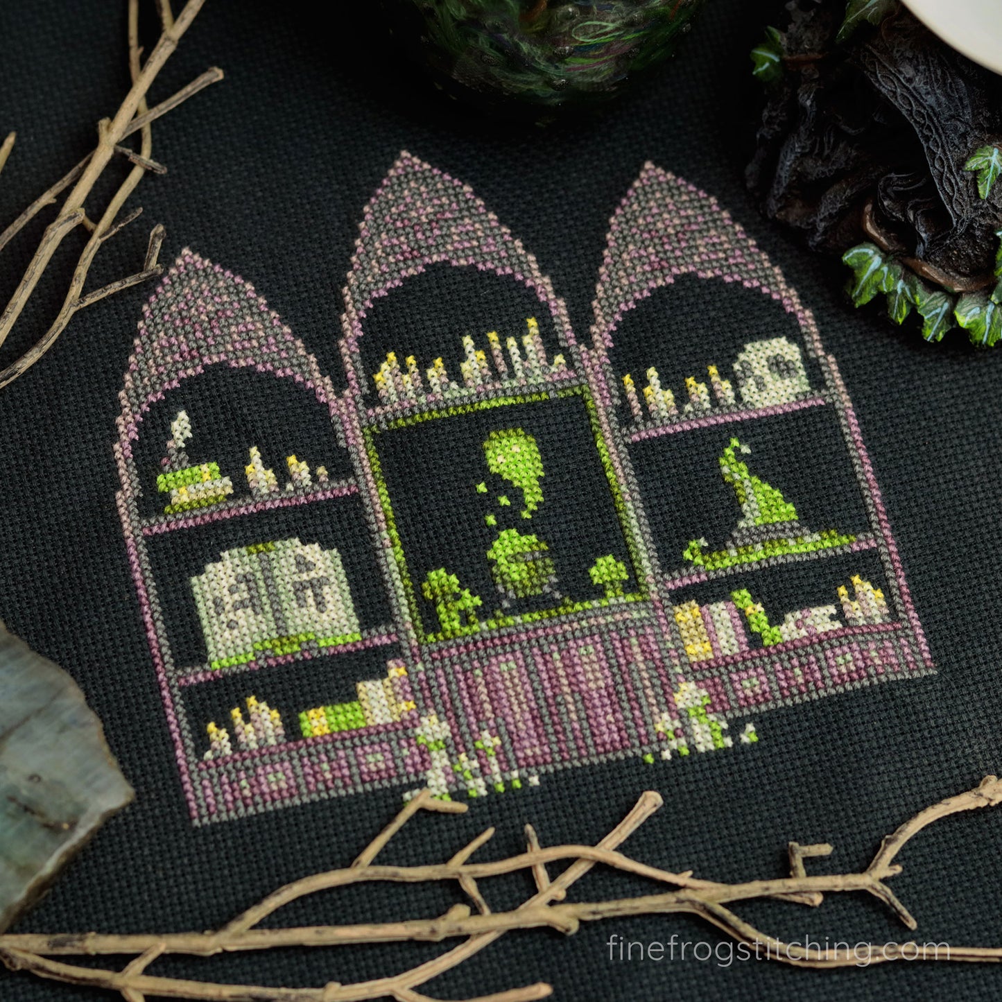 Workspace of the Witch - PDF Halloween witch hat cross stitch pattern