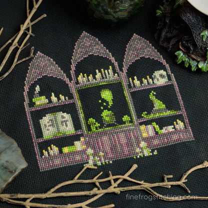 Workspace of the Witch - PDF Halloween witch hat cross stitch pattern