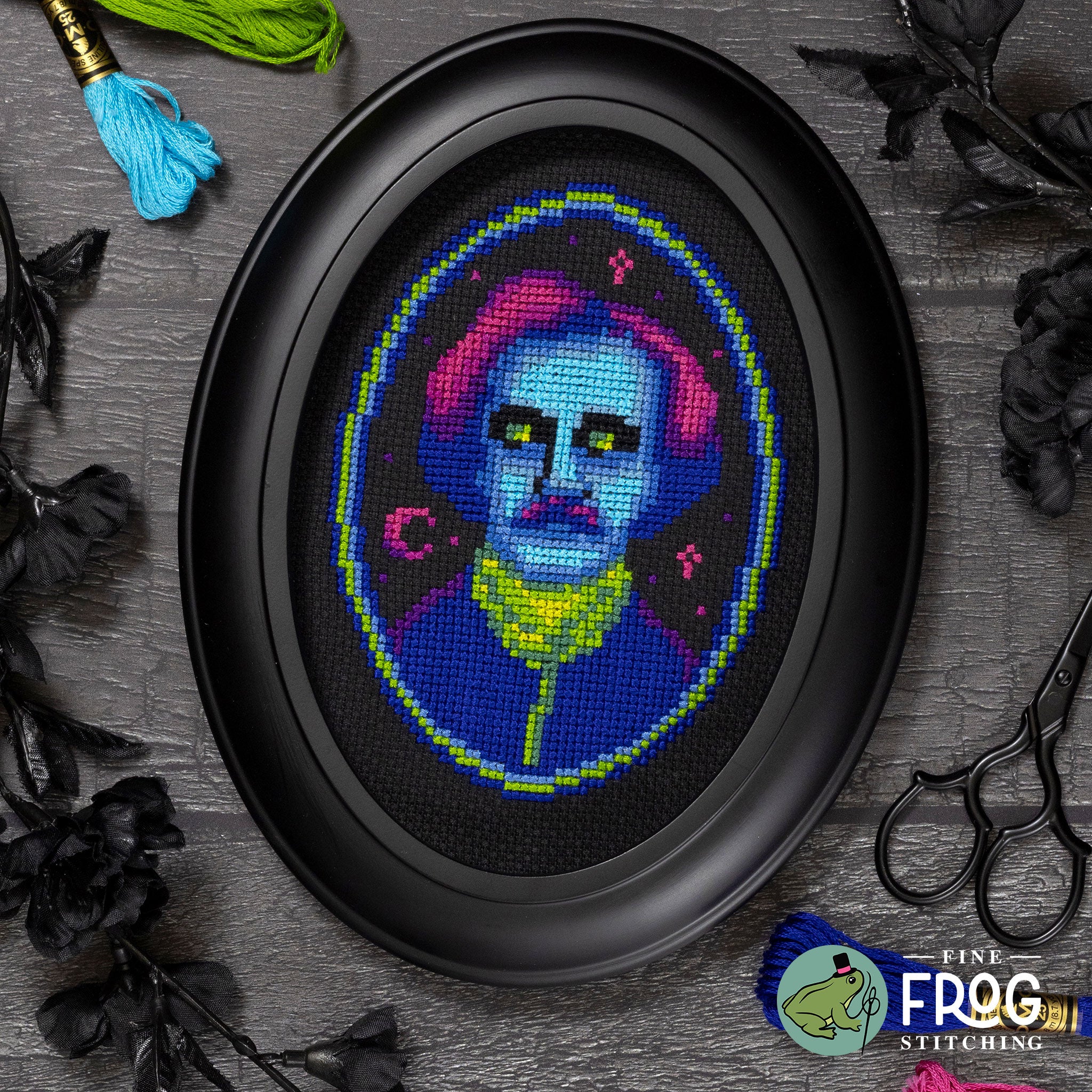 Edgar Allan Glow - Neon Gothic Edgar Allan Poe Cross Stitch Pattern PDF