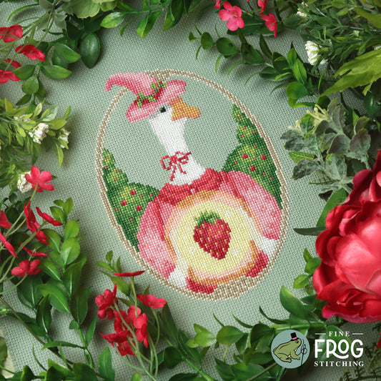 Summer Strawberry Goose Cross Stitch Pattern PDF Cottagecore Pastel Goth Strawberry Goose Witch Stitched Example