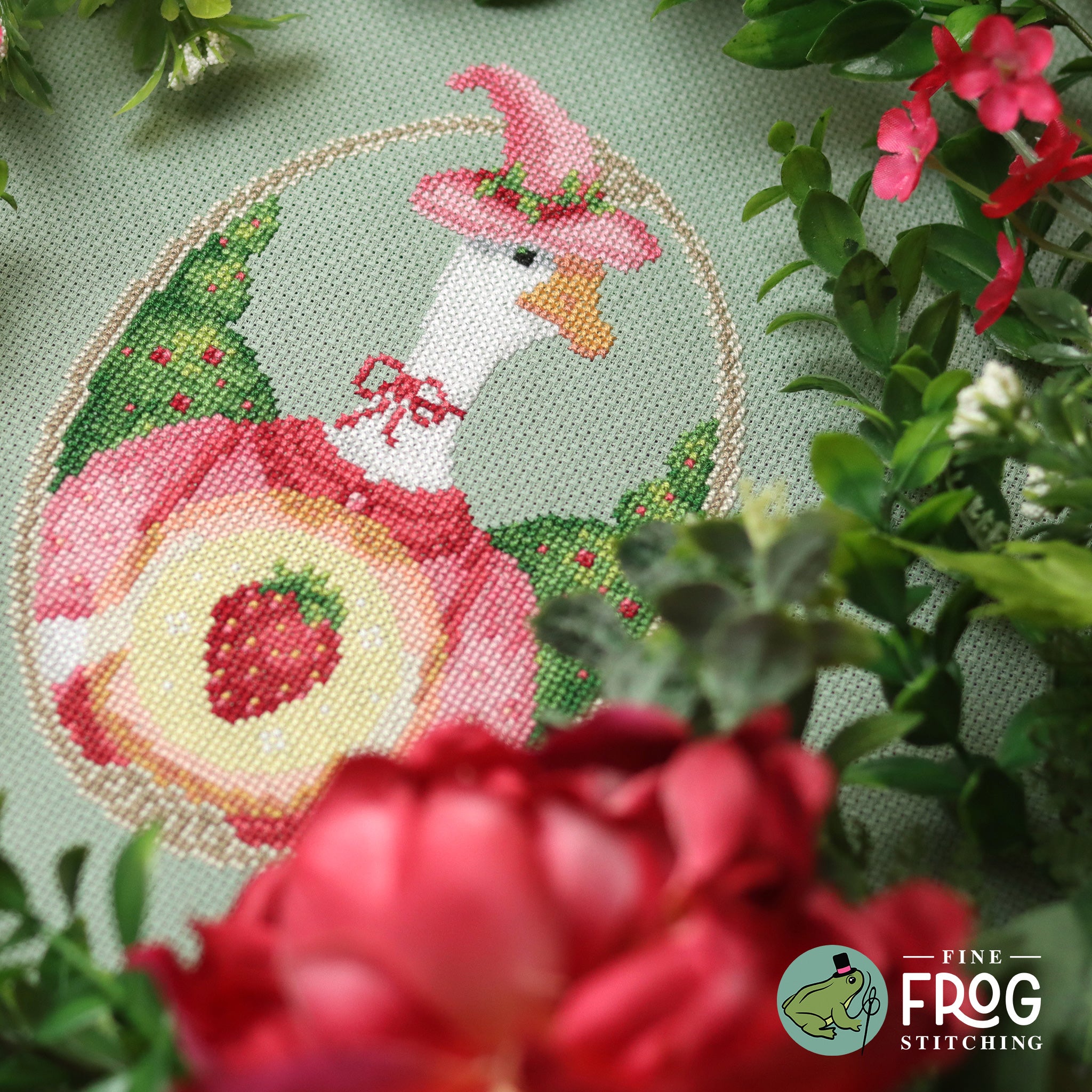 Summer Strawberry Goose Cross Stitch Pattern PDF Cottagecore Pastel Goth Strawberry Goose Witch Stitched Detail 1