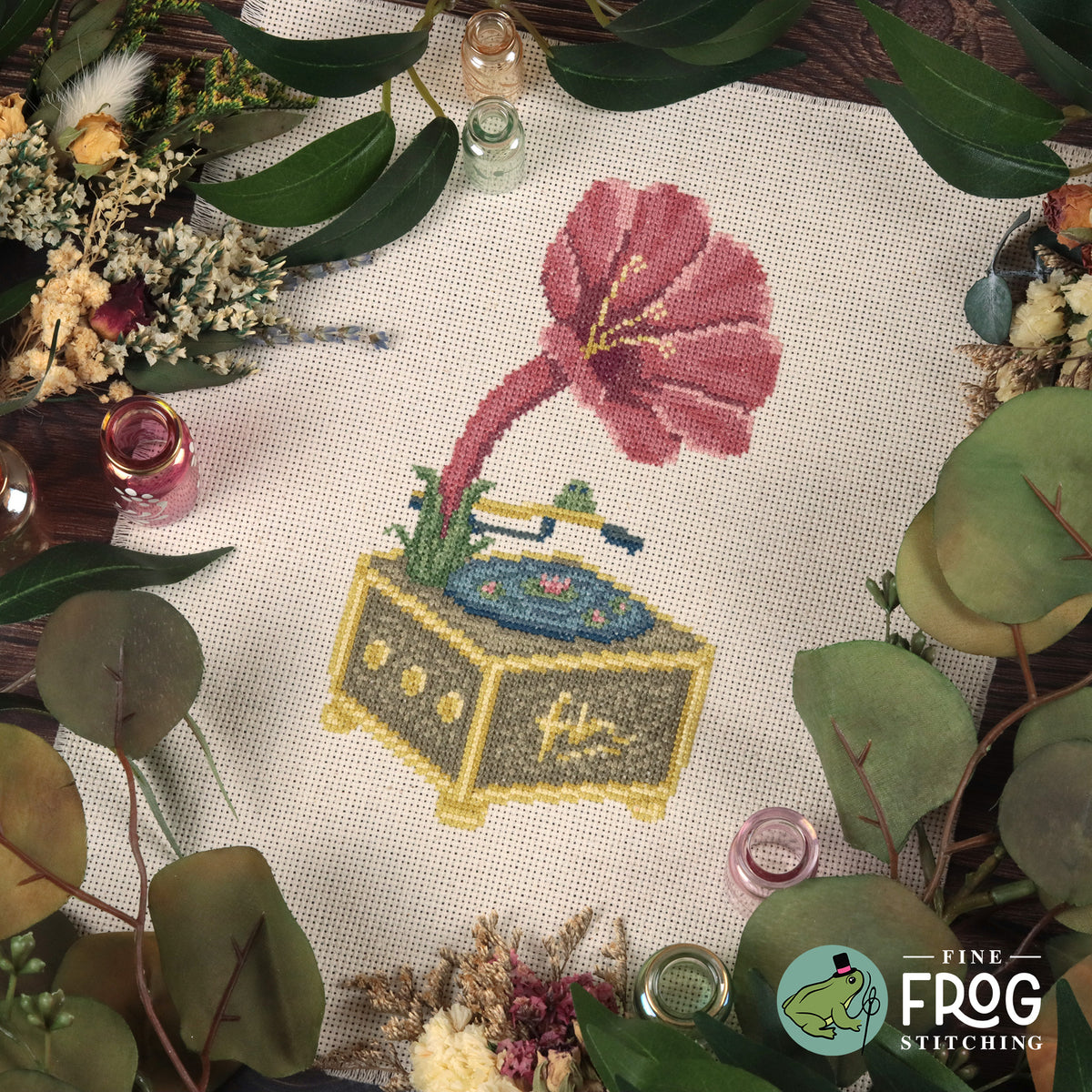 Cottagecore Spring Record Player Cross Stitch Pattern PDF Floral Cute Frog Fantasy Floral Phonograph Stitched Example