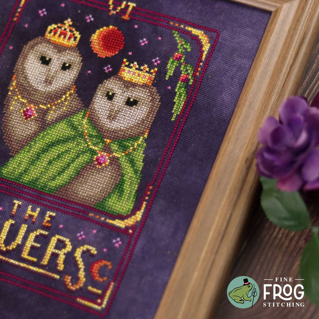 Barn Owl Tarot Card Cross Stitch Pattern PDF Witchy The Lovers Celestial Feather Tarot The Lovers Stitched Example Detail