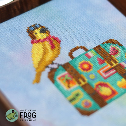 Cute Bird Travel Cross Stitch Pattern PDF Summer Spring Goldfinch Bird Globetrotter Stitched Detail