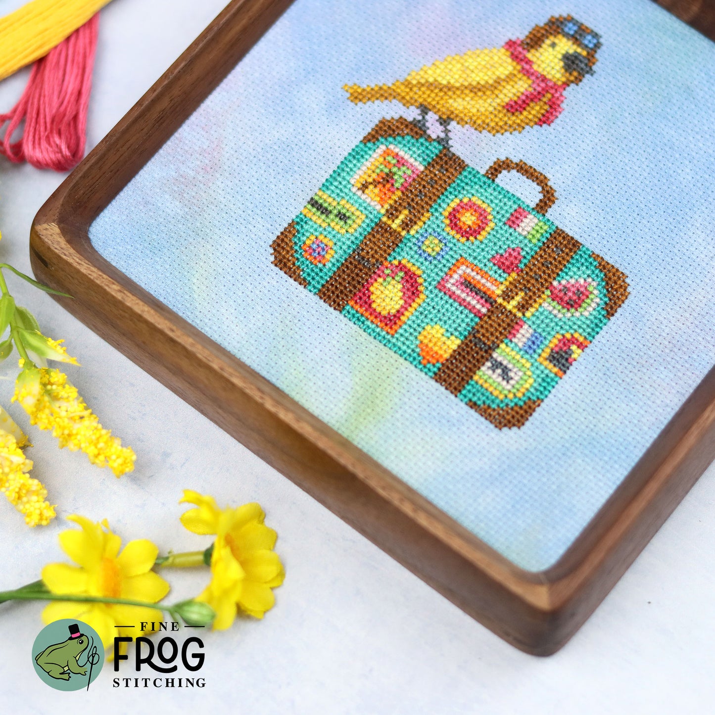 Cute Bird Travel Cross Stitch Pattern PDF Summer Spring Goldfinch Bird Globetrotter Stitched Detail