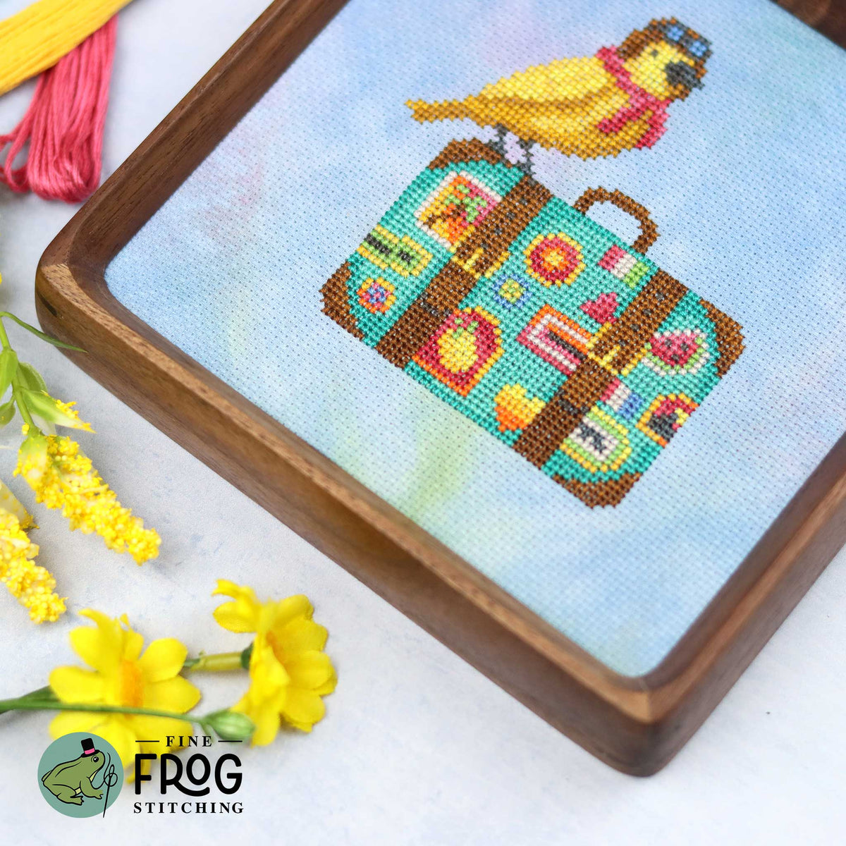 Cute Bird Travel Cross Stitch Pattern PDF Summer Spring Goldfinch Bird Globetrotter Stitched Detail