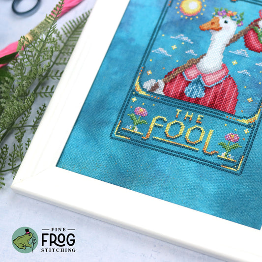 Goose Tarot Card Cross Stitch Pattern PDF Witchy The Fool Cottagecore Feather Tarot The Fool Stitched Example Detail