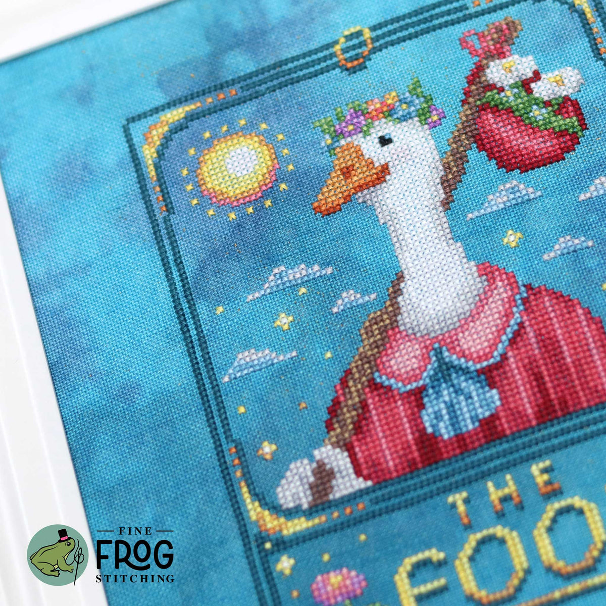 Goose Tarot Card Cross Stitch Pattern PDF Witchy The Fool Cottagecore Feather Tarot The Fool Stitched Example Detail