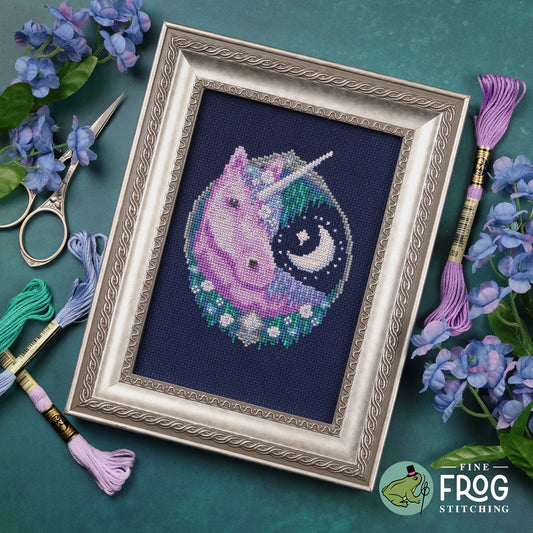 Mythical Fantasy Unicorn Cross Stitch Pattern PDF Fairytale Ethereal Grimm Medieval Moon Garden Unicorn Stitched Example