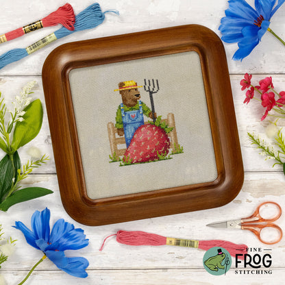 Magical Strawberry Bear Cross Stitch Pattern PDF Barn Farm Nursery Strawberry Farmer Stitched Example