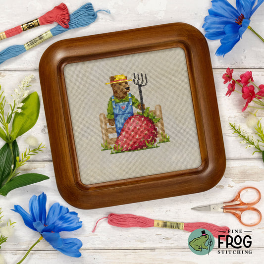 Magical Strawberry Bear Cross Stitch Pattern PDF Barn Farm Nursery Strawberry Farmer Stitched Example