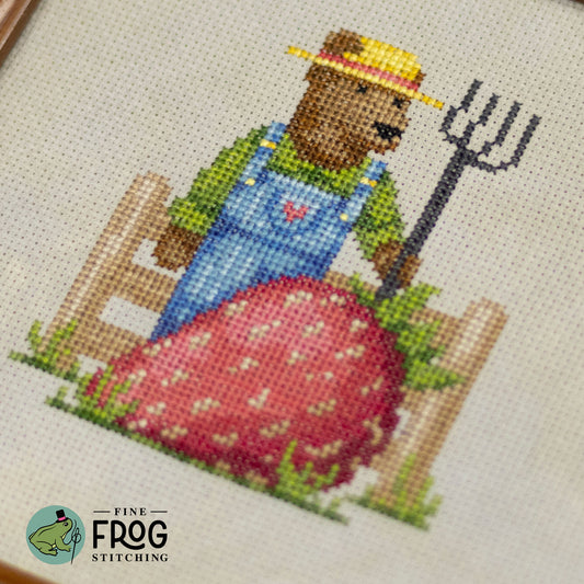 Magical Strawberry Bear Cross Stitch Pattern PDF Barn Farm Nursery Strawberry Farmer Stitched Detail