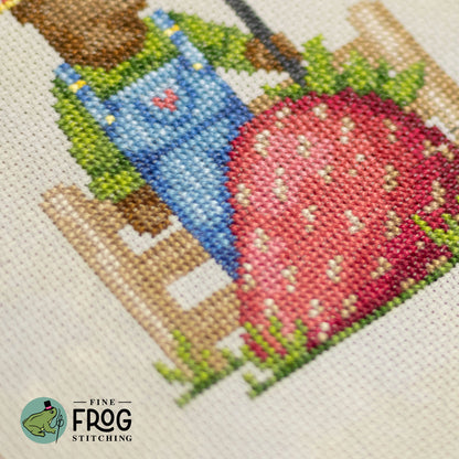 Magical Strawberry Bear Cross Stitch Pattern PDF Barn Farm Nursery Strawberry Farmer Stitched Detail