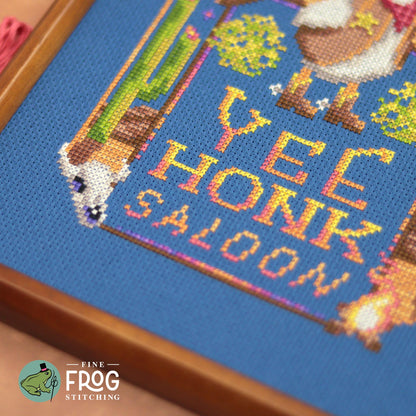 Western Cowboy Goose Cross Stitch Pattern PDF Texas Southern Duck Yee Honk Saloon Stitched Detail 1