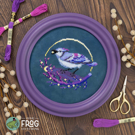 Bluejay Star-Picker - Celestial Blue Jay Bird Cross Stitch Pattern PDF