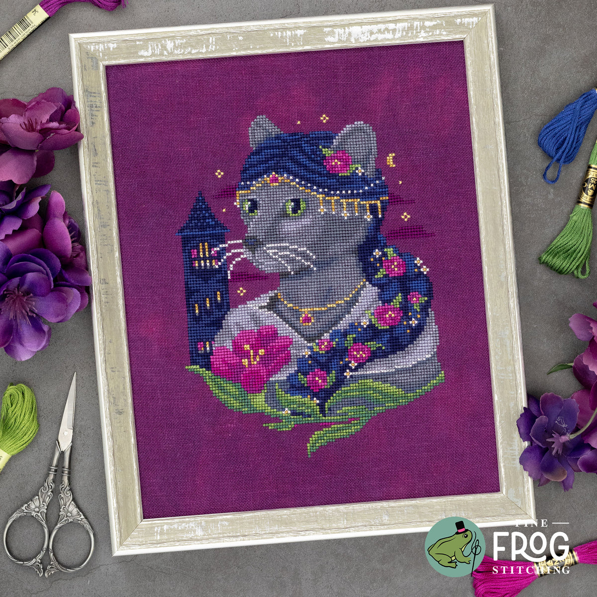 Fantasy Cat Rapunzel Cross Stitch Pattern PDF Fairytale Princess Medieval Grimm Purrsinette Stitched Example