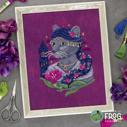 Fantasy Cat Rapunzel Cross Stitch Pattern PDF Fairytale Princess Medieval Grimm Purrsinette Stitched Example