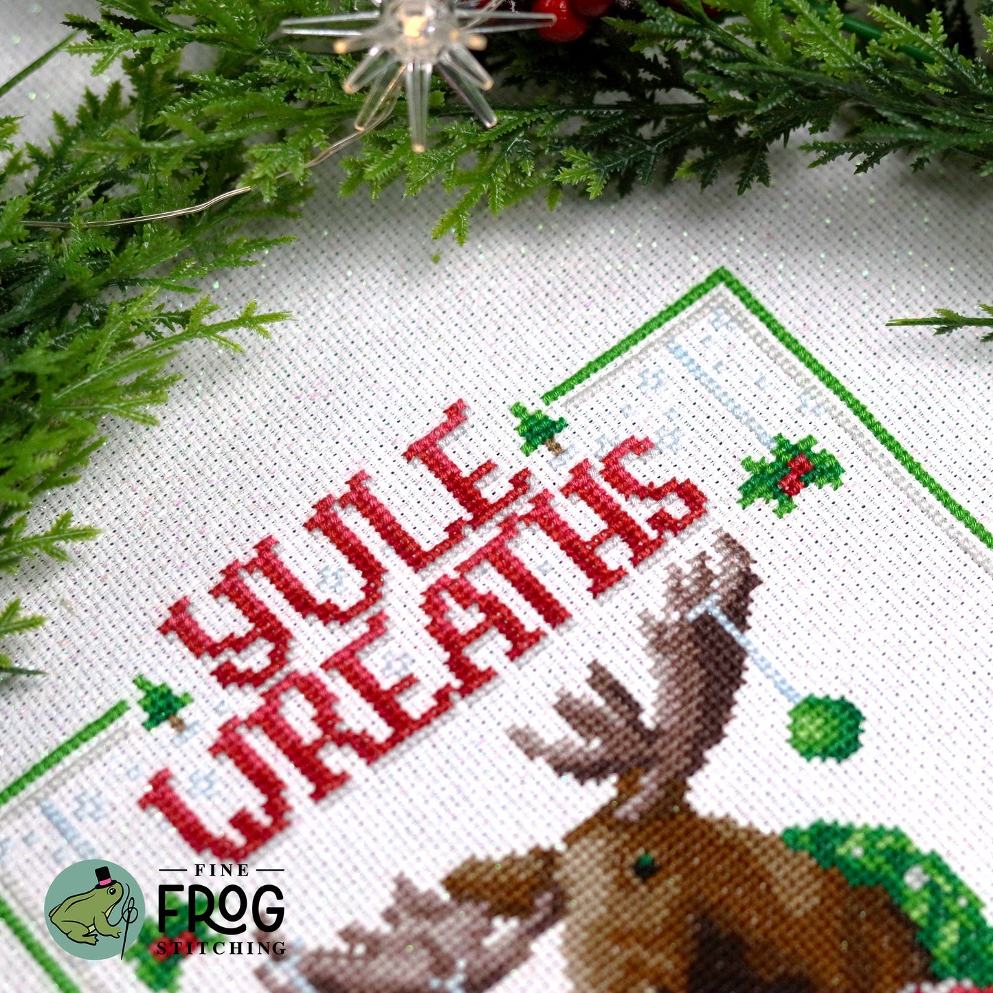 Christmas Moose Holiday Cross Stitch Pattern PDF Yule Winter Reindeer Wreath Yule Wreath Advert Stitched Detail 1