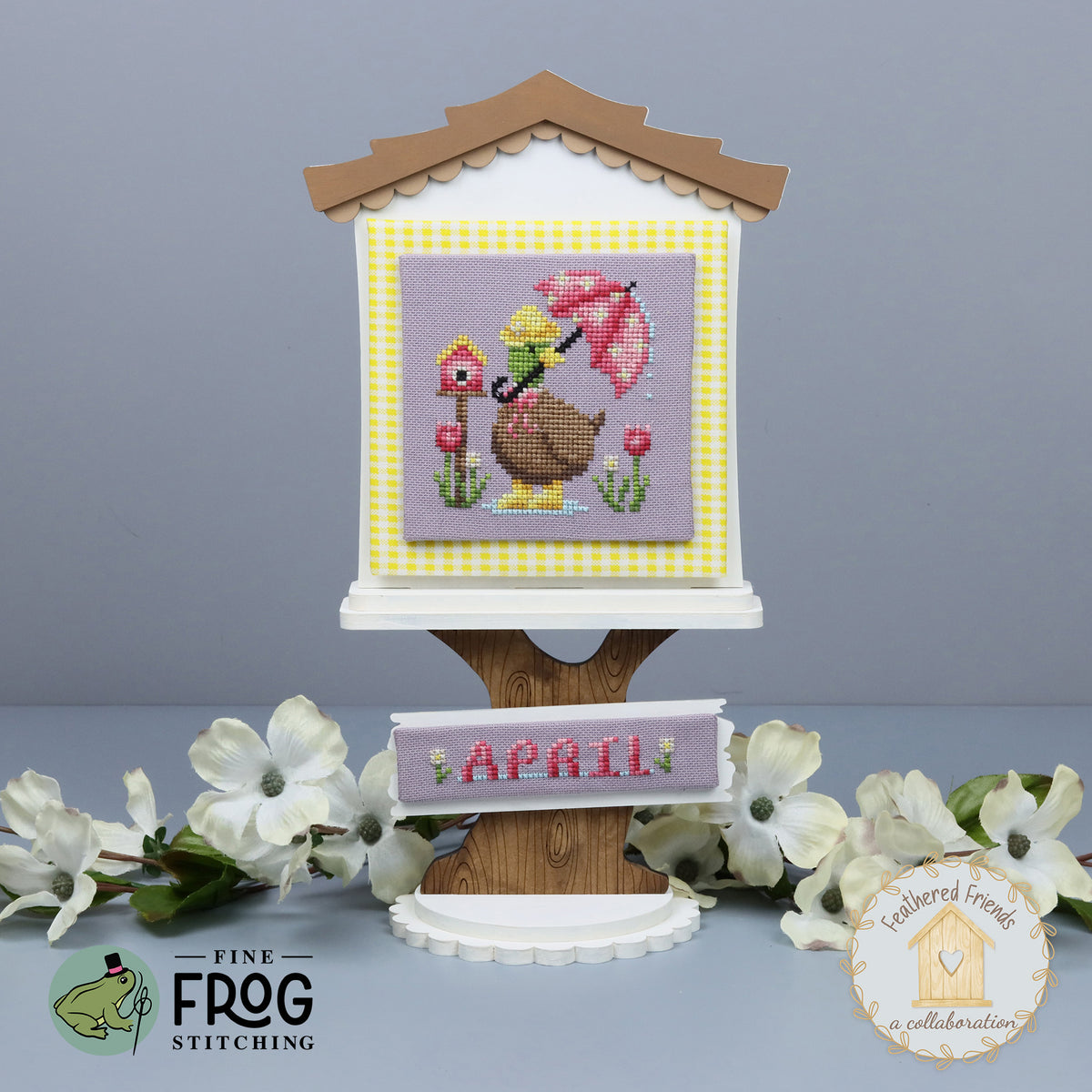Cute Duck Umbrella Cross Stitch Pattern PDF Spring April Nursery Rainy-Day Duck Stitched Example