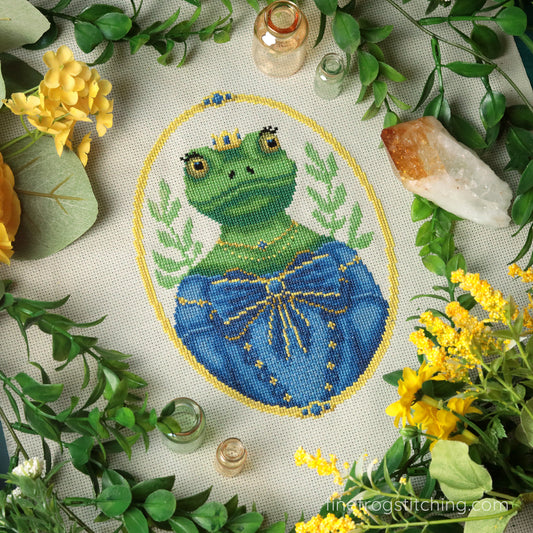 Frog Fairytale Princess Cross Stitch Pattern PDF Fantasy Whimsical Princess Pondworthy Stitched Example