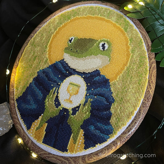 Frog Tarot Cross Stitch Pattern PDF Funny Fantasy Saint Parody Saint Froggo Stitched Example