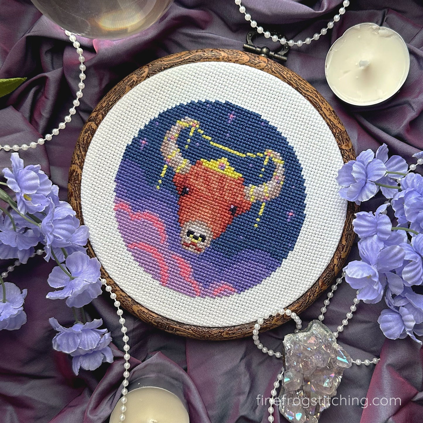 Highland Cow Celestial Cross Stitch Pattern PDF Fantasy Cute Cow Starry Yak Stitched Example