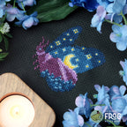 Nature Mountain Moth Cross Stitch Pattern PDF Moon Camping Celestial Hiking Mountain Moonrise Moth Stitched Example