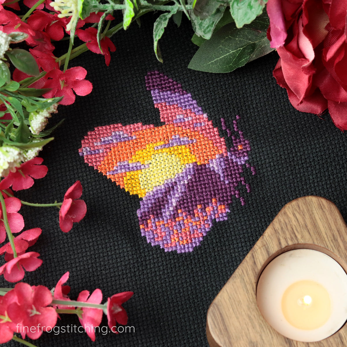Nature Mountain Moth Cross Stitch Pattern PDF Sunset Camping Celestial Hiking Mountain Sunset Moth Stitched Example