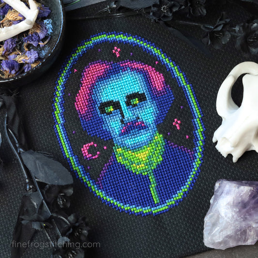 Neon Gothic Edgar Allan Poe Cross Stitch Pattern PDF Dark Book Library Edgar Allan Glow Stitched Example