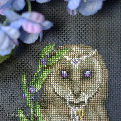 Owl Fairytale Fantasy Cross Stitch Pattern PDF Woodland Cottagecore Fairytale Owl Key Keeper Stitched Detail 2
